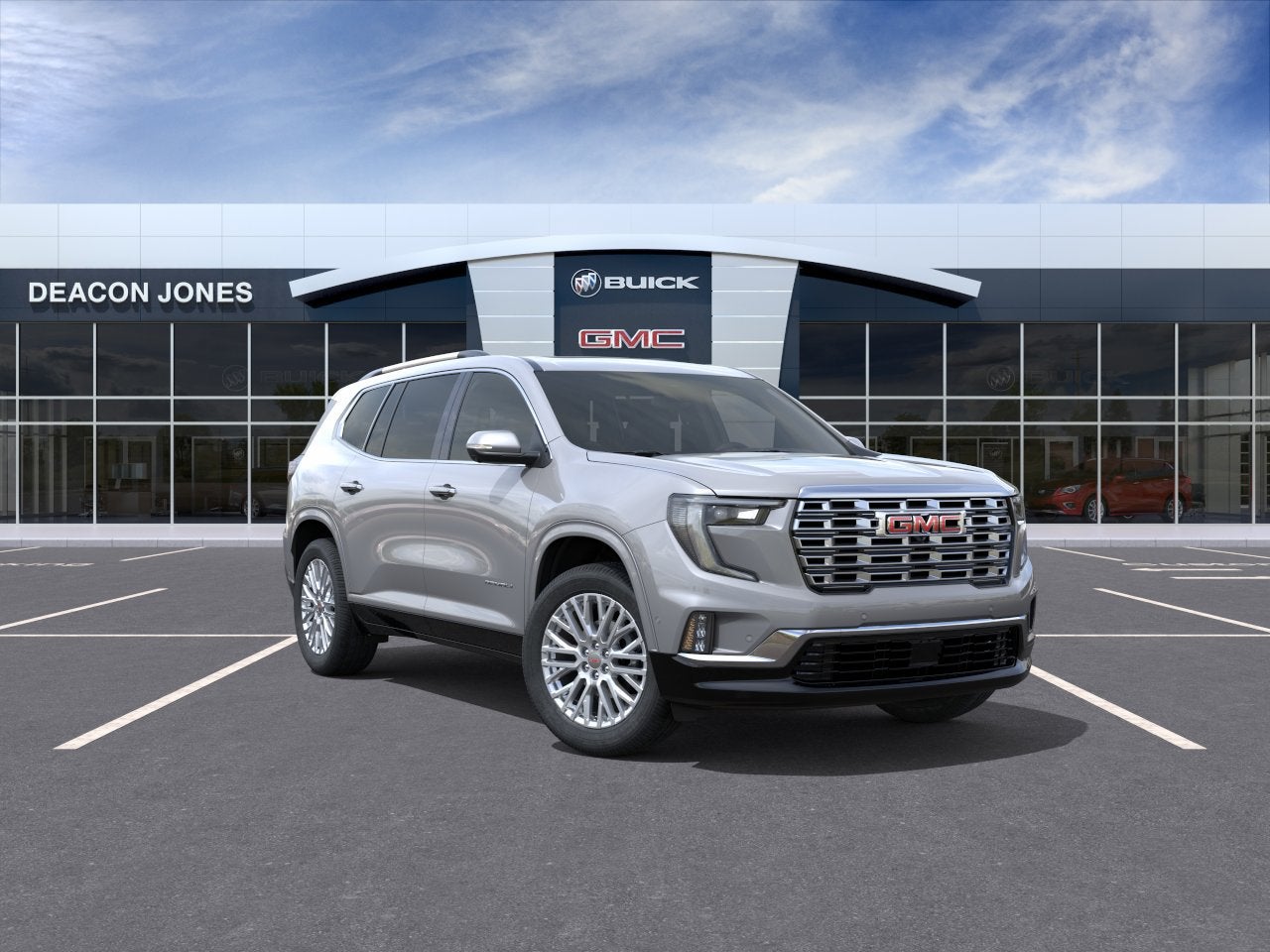 2026 GMC Acadia Denali in Sterling Metallic — front three-quarter view