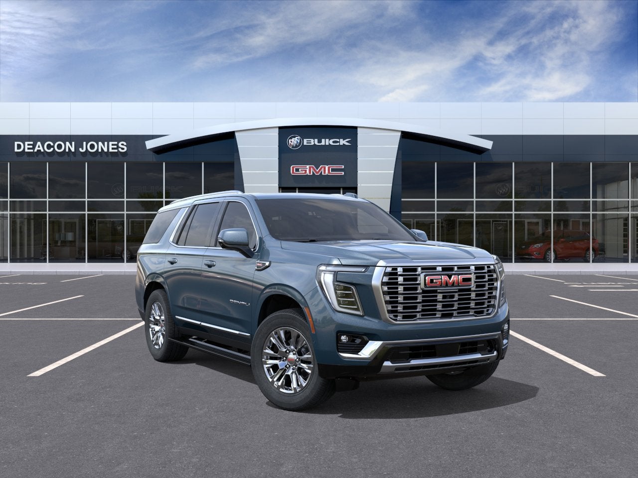 2026 GMC Yukon Denali in Downpour Metallic — front three-quarter view